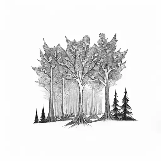 A Dark And Mysterious Forest With Shadowy Figures Lurking In The Background