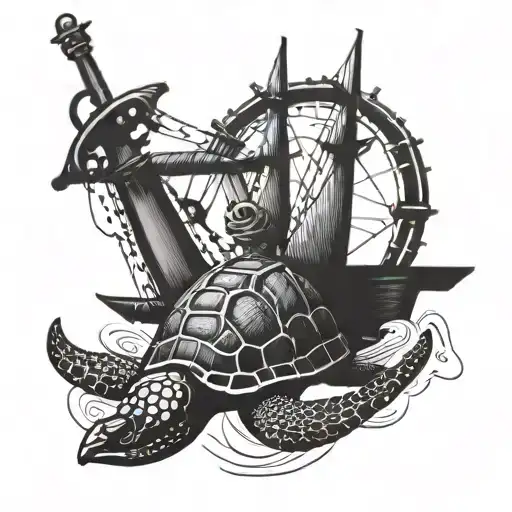 Sea Turtle With Fouled Anchor And Crossed Cannons In Background