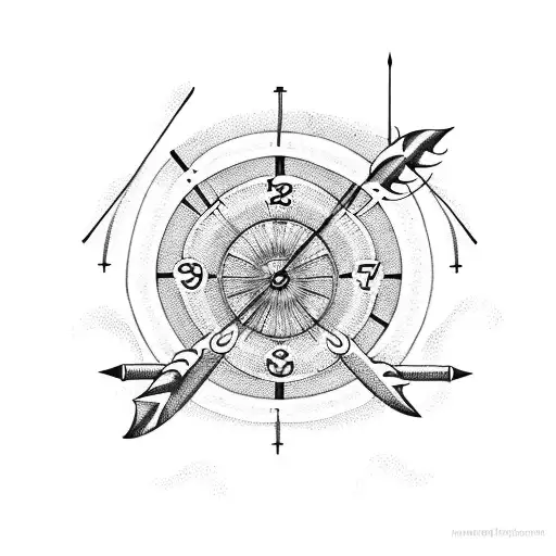 An Indigenous Person Shooting Seven Arrows With A Clock In The Background