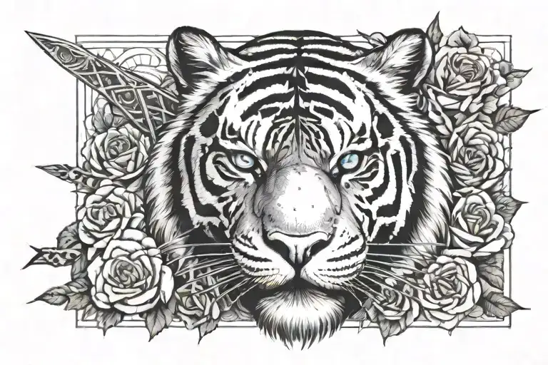Big Tiger Surrounded With A Sword And Has Blue Eyes And Wrapped Around Fully With Roses