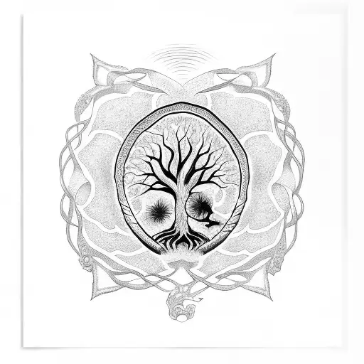 Dora Knot With Tree Of Life Inside Encompassed By A Dragon Oroborus