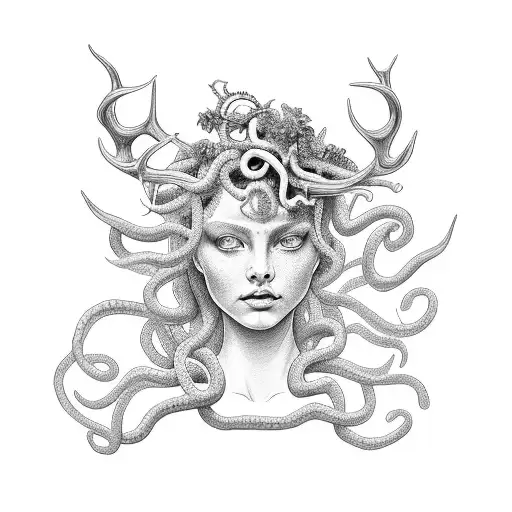 Medusa Above A Girl With Antlers On The Forearm Surrounded By Eyes Leaves And Stars