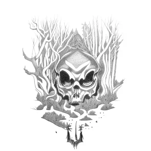 A Dark And Mysterious Forest With Shadowy Figures Lurking In The Background