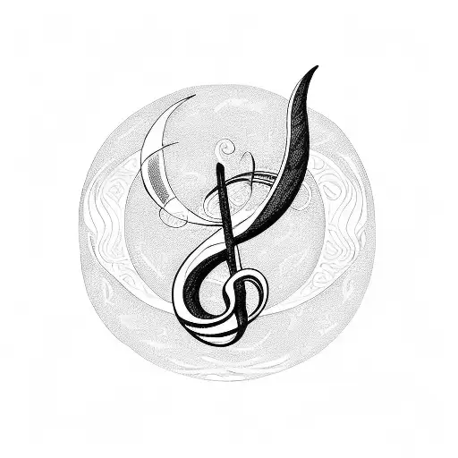 A Blackwork Tattoo Of A Treble Clef Intertwined With A Crescent Moon