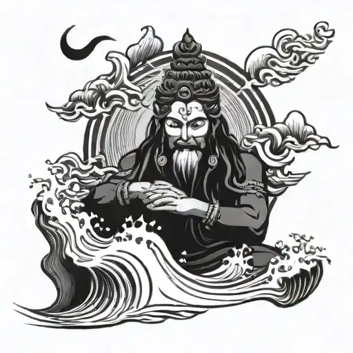 A Mystical Tattoo Of Lord Shiva Meditating On A Mountain Peak With Waves Crashing Below