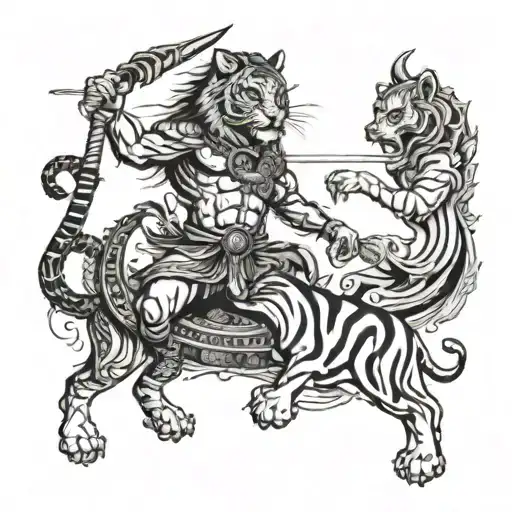 A Tattoo Design Of A Tiger And Lord Shiva Engaged In A Dance Battle On A Ship In A Fantasy World