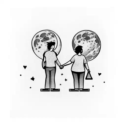 Couple Walking Holding Hands Straight To The Moon