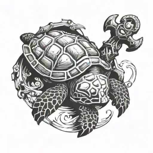 Sea Turtle With Fouled Anchor And Cannons In Background