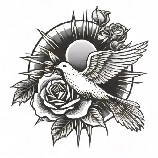 Sun Rays And Dove With Rose In Its Mouth