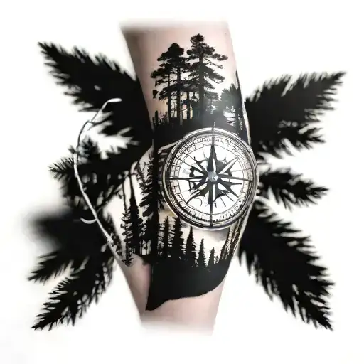 Arm Sleeve Wilderness With A Compass And Pine Trees And An Hour Glass