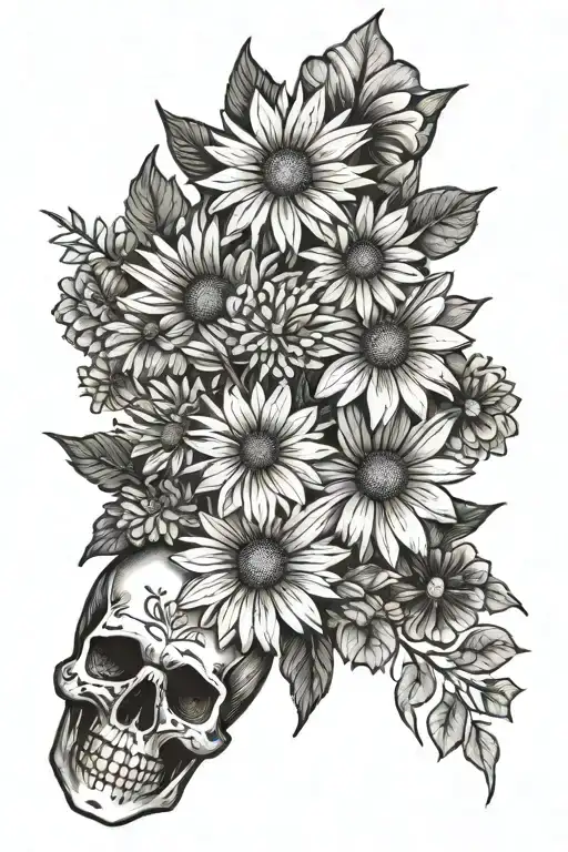 Dark Themed Daisies On Forearm With Skulls