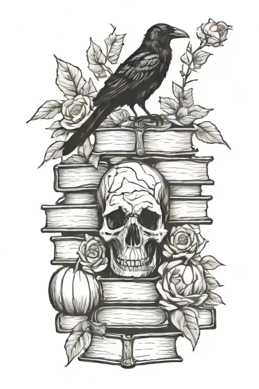 Raven Sitting On Skull And Books Surrounded With Roses And Pumpkin