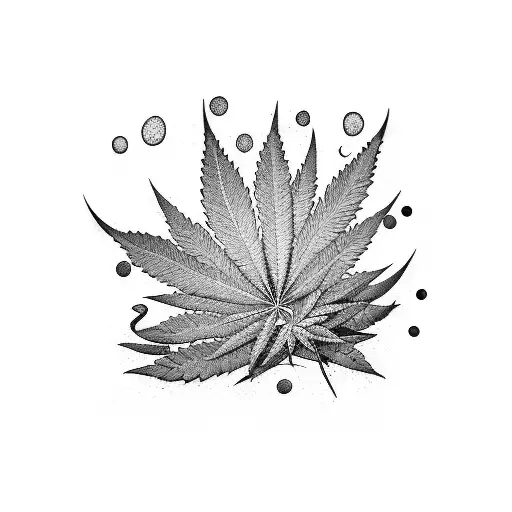 A Dotwork Tattoo Of A Psychedelic Cartoon Scene With Cannabis Leaves And Musical Instruments