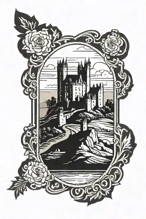 Scottish Landscape Tattoo Castle Varrick Sunset 2 Seperared Offset Rectangle Frames