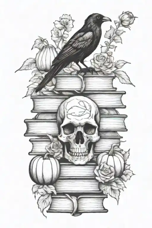 Raven Sitting On Skull And Books Surrounded With Roses And Pumpkin