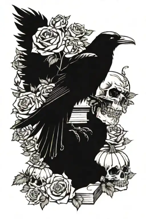 Raven Sitting On Skull And Books Surrounded With Roses And Pumpkin