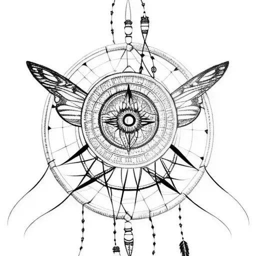 A Dreamcatcher Adorned With Compass Symbols And Delicate Moth Wings