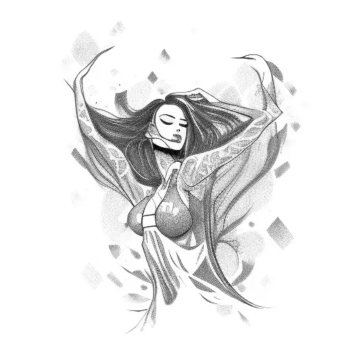 Sexy Woman Line Figure Levitating With Head In Clouds