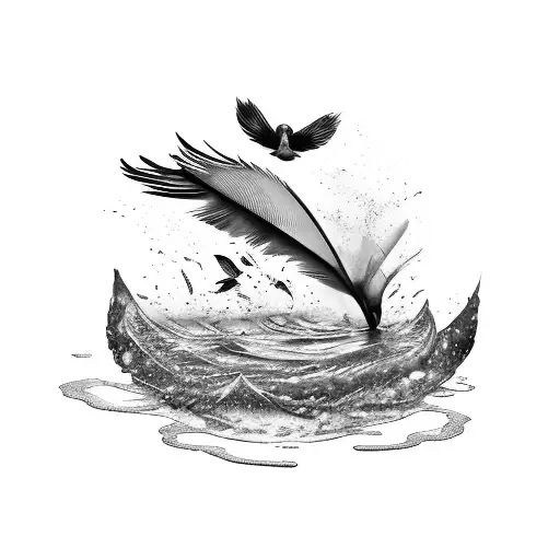A Broken Feather Falling Into Water With Multiple Birds Coming From It