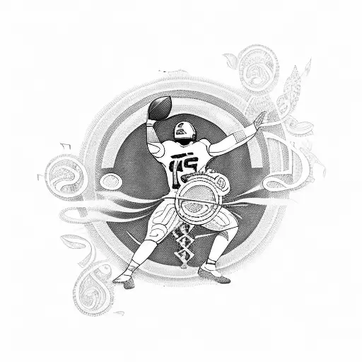 A Blackwork Tattoo Of A American Football Player Surrounded By Musical Notes And Nature Elements