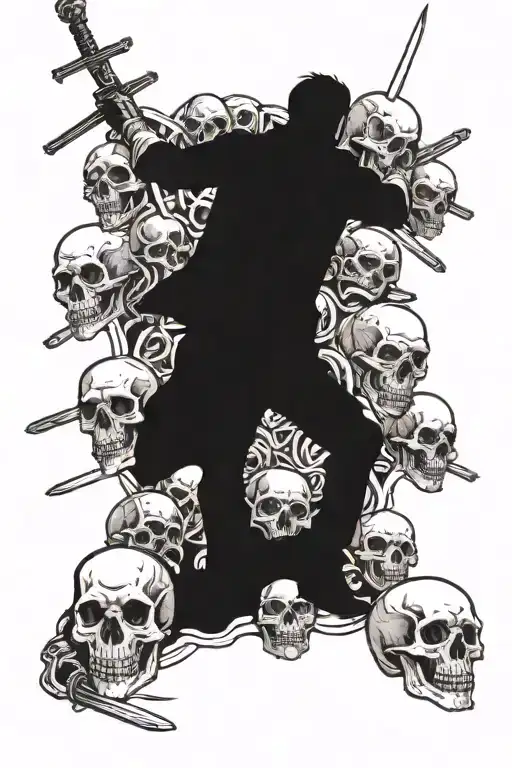 Man Walking Away From A Pile Of Skulls With Sword In Hand