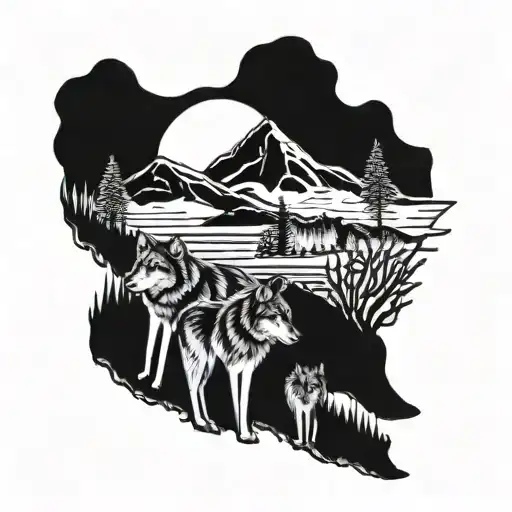 Family Wolves Mountain Landscape
