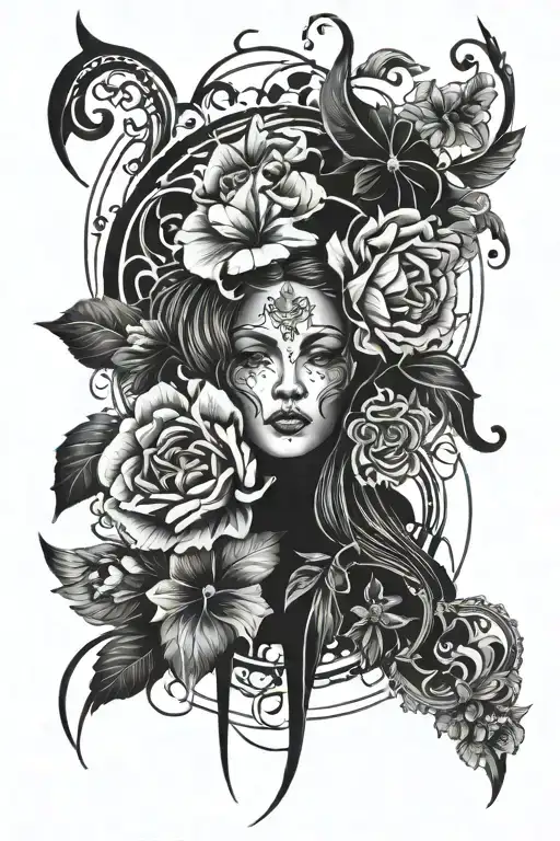 Gemini Tattoo With Flowers And Abstraction Elements