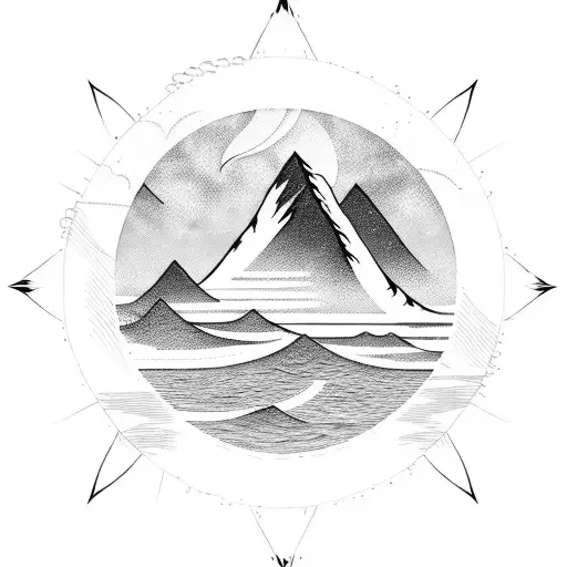 Ocean Waves With The Three Sisters Mountains And A Stylized Compass