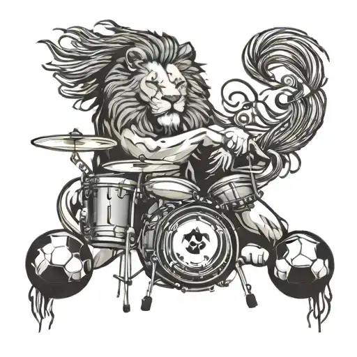 A Lion Playing The Drums In A Soccer Stadium Surrounded By Friends