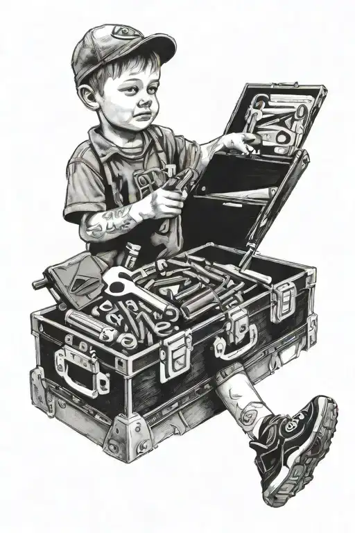 Portrait Of Client's Son Holding A Toolbox With Various Tools Scattered Around Him