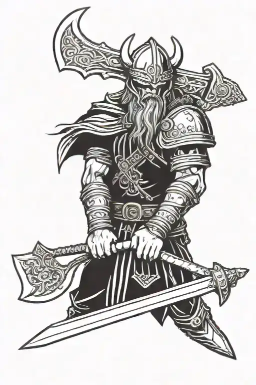 Viking Warrior Wielding Sword And Axe With Horned Helmet