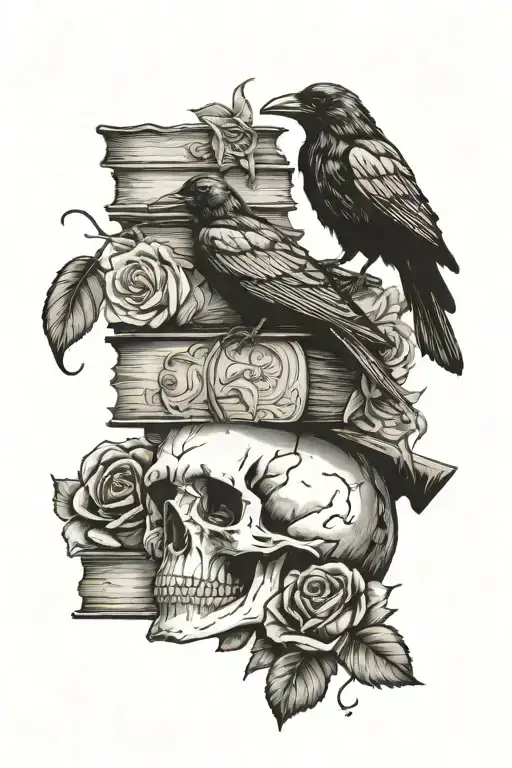 Raven Sitting On Skull And Books Surrounded With Roses And Pumpkin