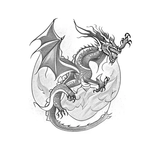 An Intricate Blackwork Tattoo Of A Dragon Surrounded By Video Game Symbols And Characters