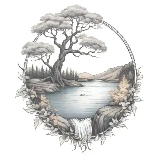 A River With A Campfire And A Rowan Tree On Either Side Of It Waterfalls Down The Front