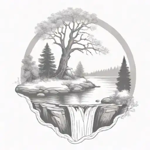 A River With A Campfire And A Rowan Tree On Either Side Of It Waterfalls Down The Front