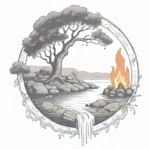 A Rowan Berry Tree And A Campfire Beside A River Waterfalling Down The Front