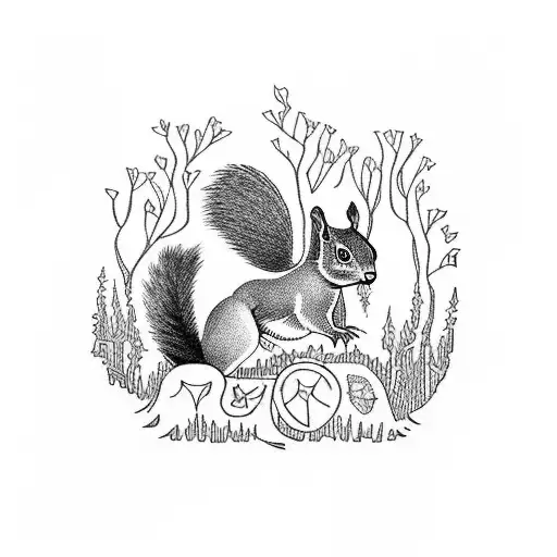 A Blackwork Tattoo Of A Squirrel And Bird Exploring A Mossy Forest Floor