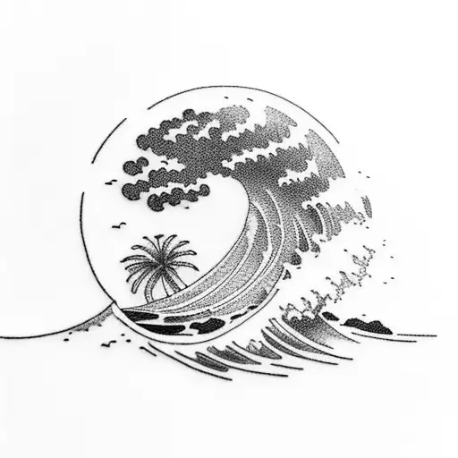 A Majestic Wave Crashing Against A Palm Tree At Sunset