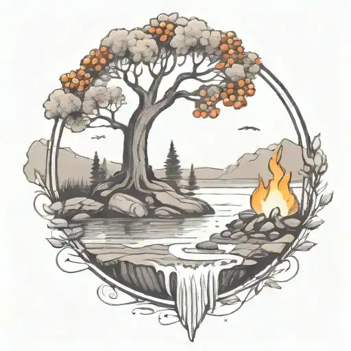 A Rowan Berry Tree And A Campfire Beside A River Waterfalling Down The Front