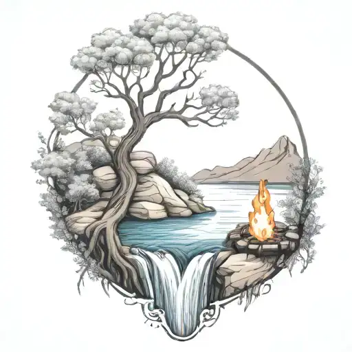 A River With A Campfire And An Olive Tree Beside It Waterfalls Down The Front