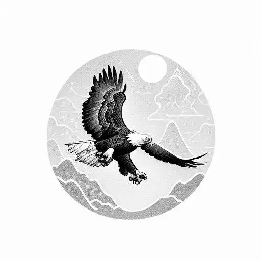 A Blackwork Tattoo Of A Bald Eagle Soaring Over A Mountain Landscape
