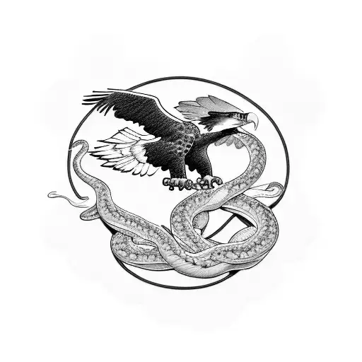 A Blackwork Tattoo Of A Bald Eagle Holding Snake
