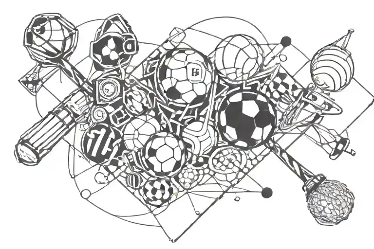 A Dynamic And Abstract Representation Of Various Sports Equipment Intertwined With Geometric Shapes