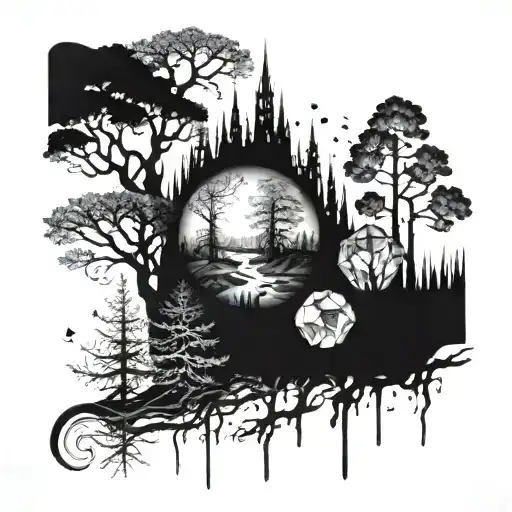 A Mystical Forest Scene With Crystal Formations Growing Among The Trees