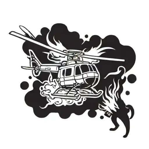 A Stylized Helicopter With Fire Elements And A Dog Silhouette In The Background