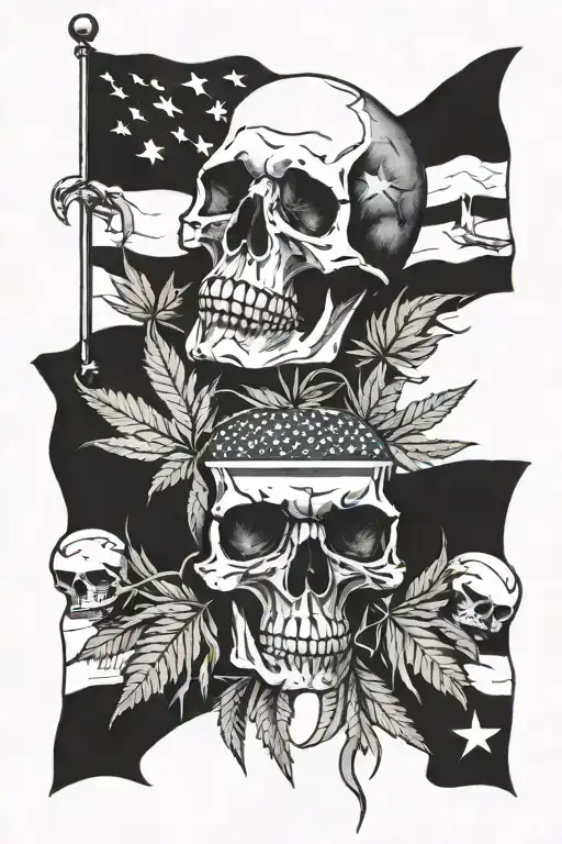 Skull And Marijuana Leaves And America Flag Intertwined