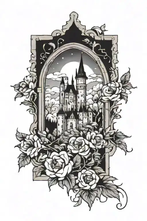 Floral Design Surrounding A Castle Window With Night Sky And Castle In Background