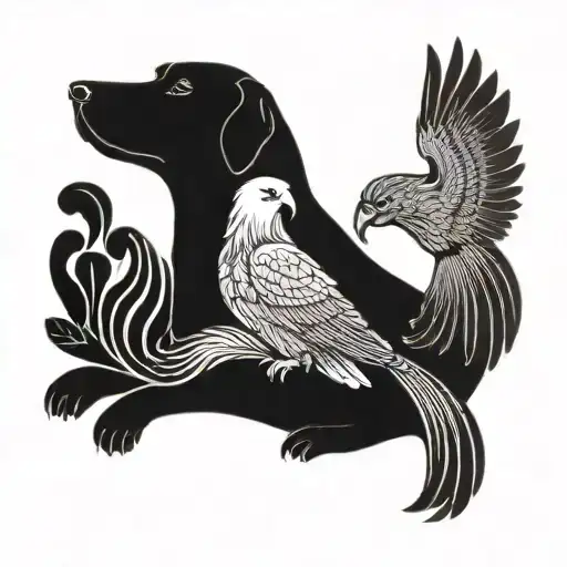 A Tattoo Design Of A Dog And Parrot Sharing A Musical Note As A Symbol Of Harmony And Love