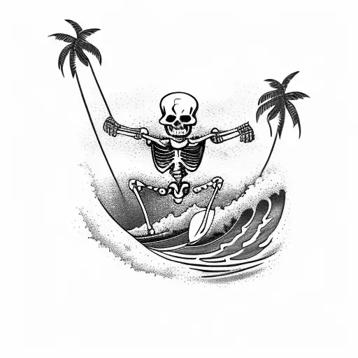 A Skeleton Surfer Catching A Big Wave With Palm Trees In The Background