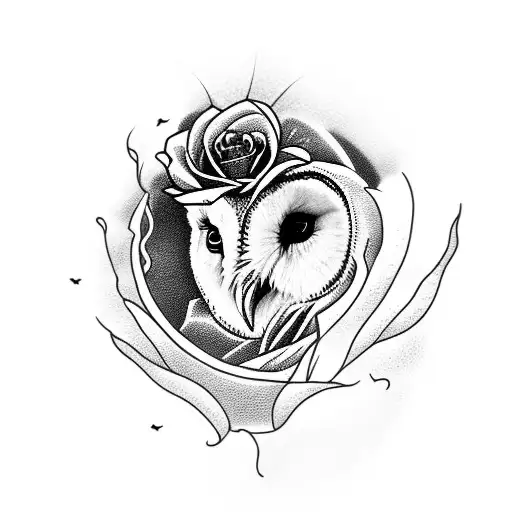 Barn Owl Between A Black Rose And A Red Rose